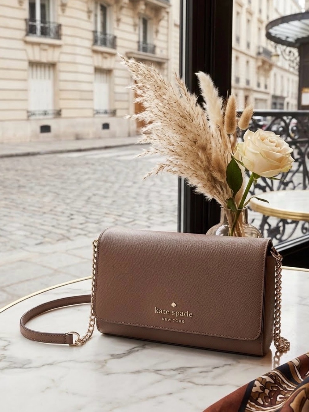 Kate Spade taupe brown leather crossbody with chain strap